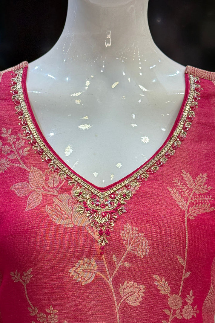 Rani Pink Brocade, Zardozi, Beads, Thread, Stone and Zari work Straight Cut Salwar Suit