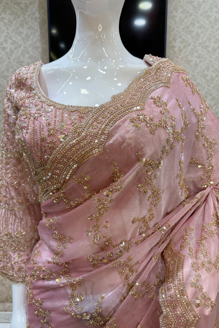 Rose Pink Zari, Beads and Sequins work Saree