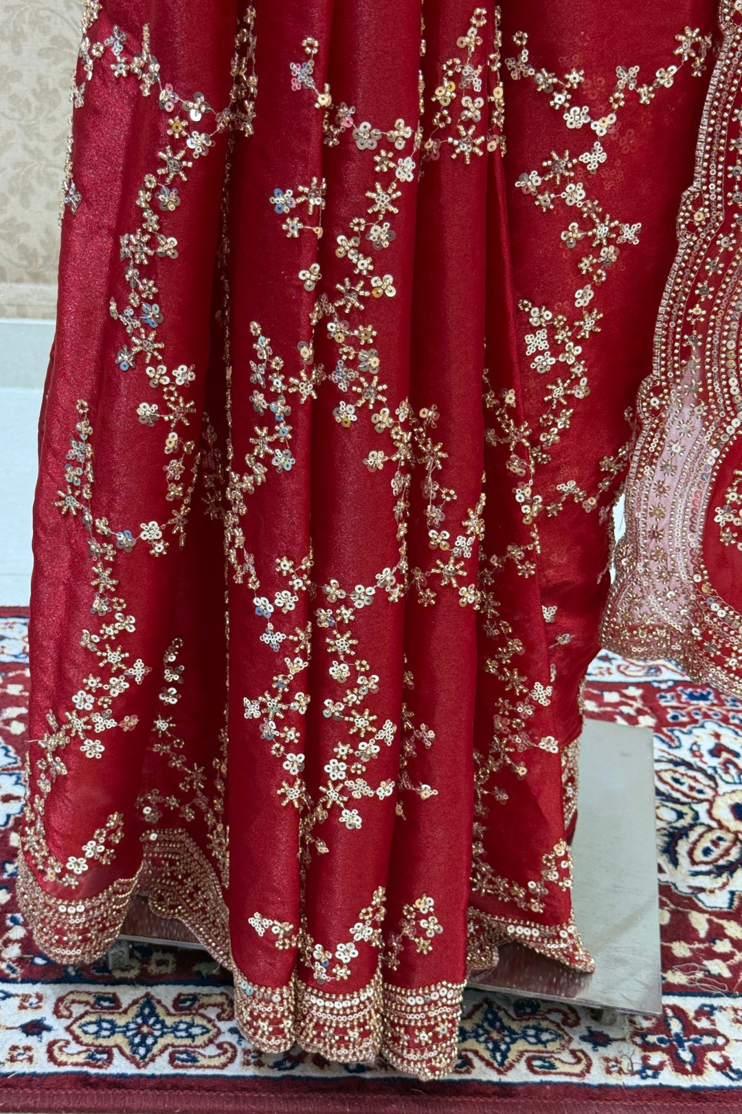 Red Saree with Intricate Zari, Sequin and Beads work