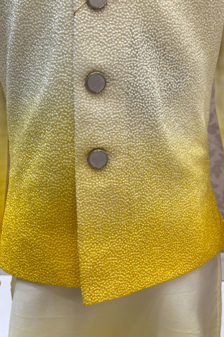 Lemon Yellow Shaded Thread and Sequins work Waist Coat Kurta Set for Boys