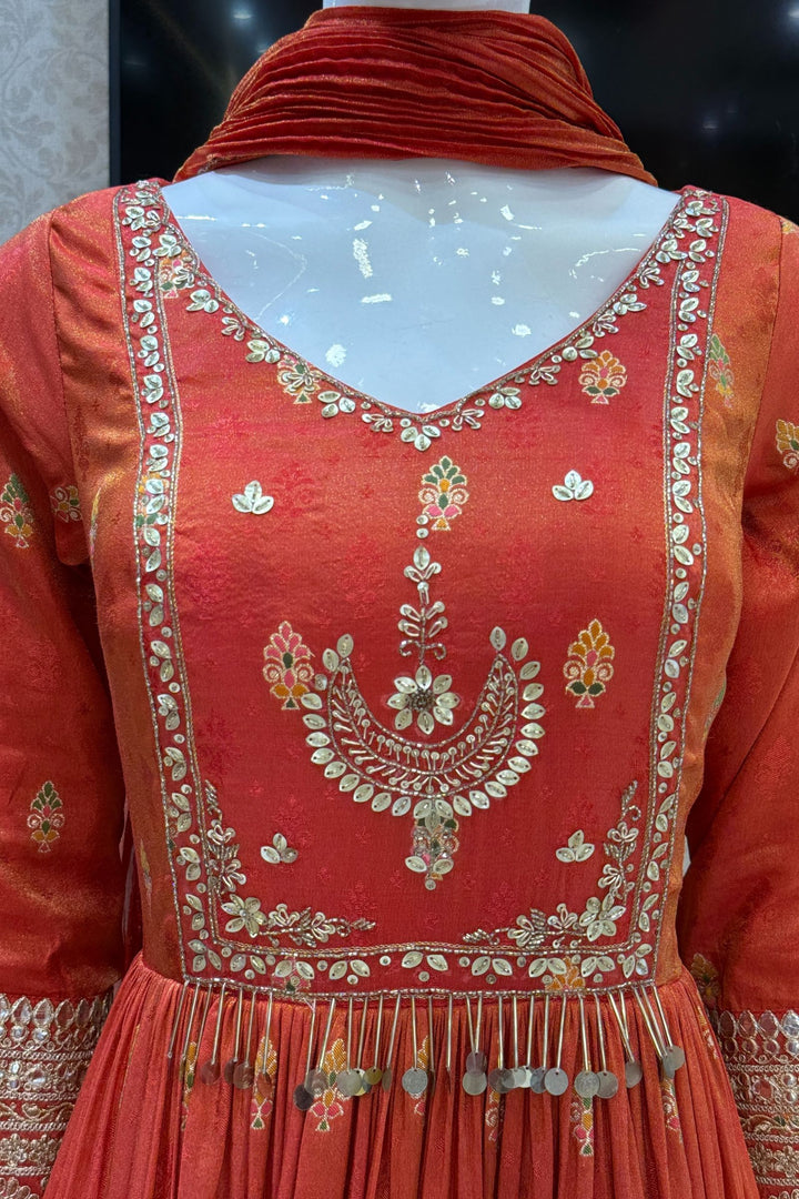 Orange Banaras, Sequins, Zari and Beads work Floor Length Anarkali Suit