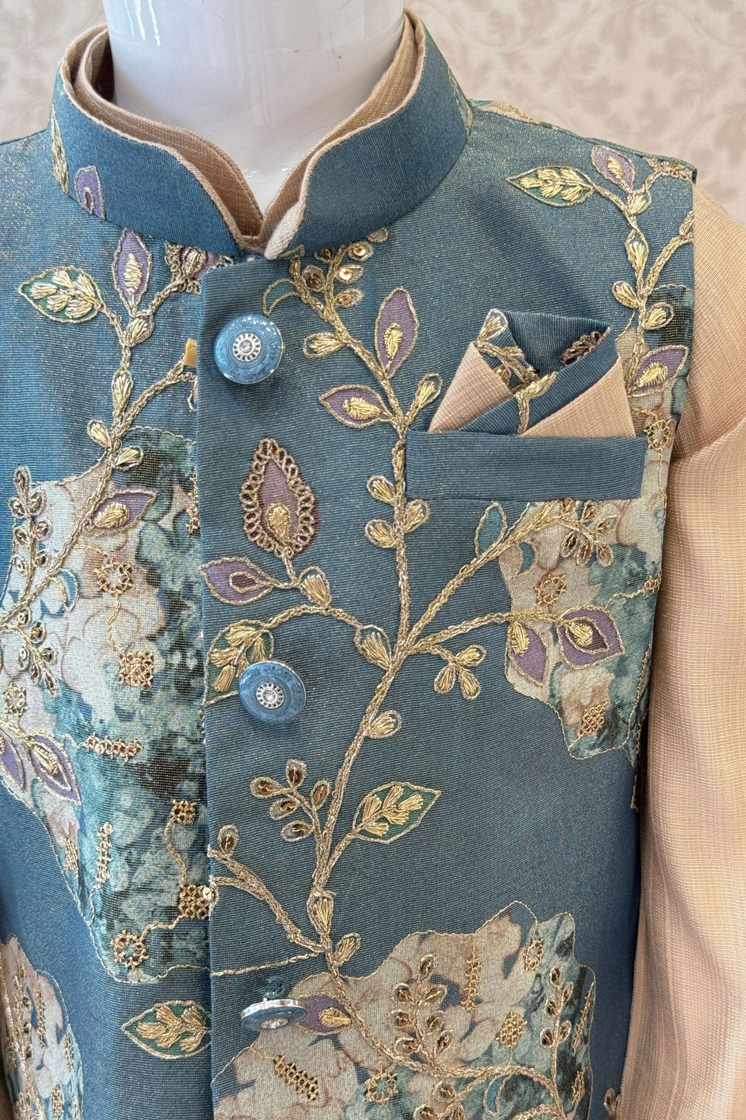 Blue with Gold Zari and Sequins work Waist Coat Kurta Set for Boys