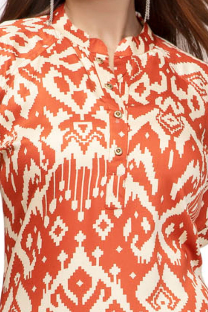 Rust Orange and Ivory Ikat Print A-Line Kurta Set