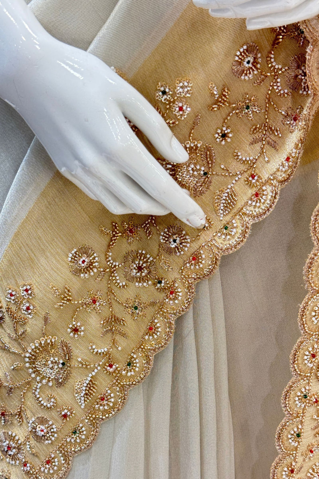 Cream Beads and Zari work Saree