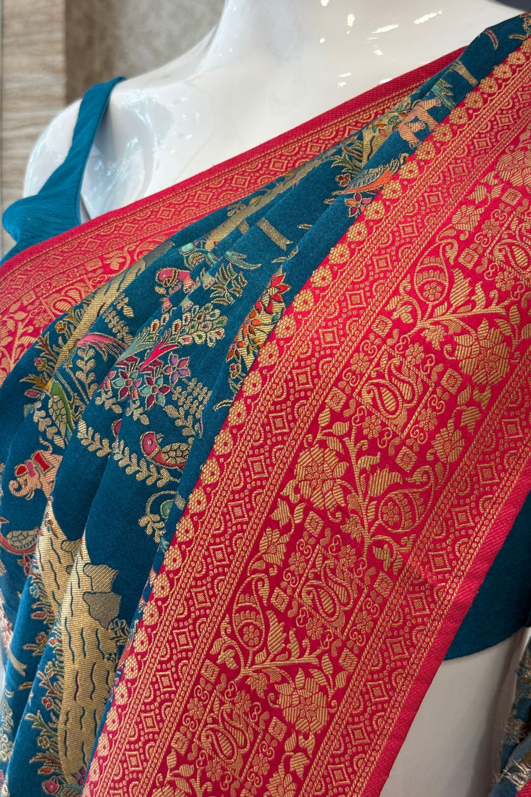 Rama Blue Saree Featuring Heritage Wildlife and Floral Banaras