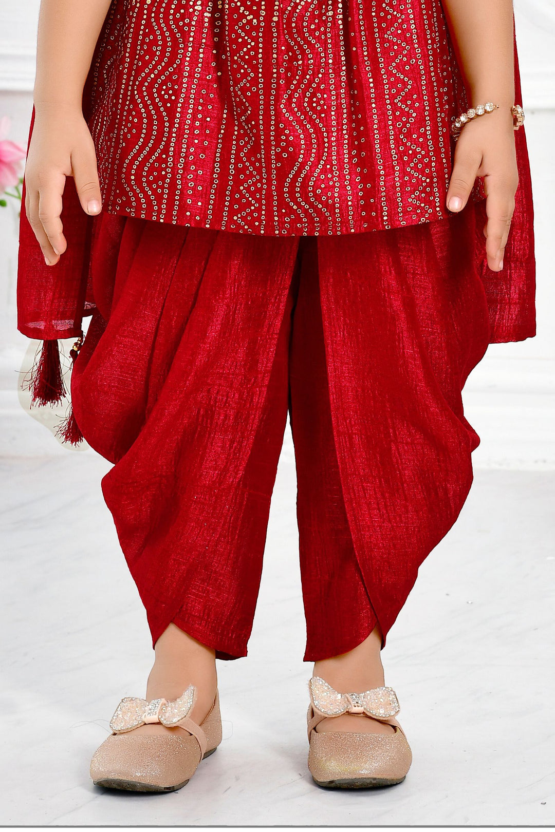 Maroon Printed, Sequins and Zari work Dhoti Style Peplum Top for Girls