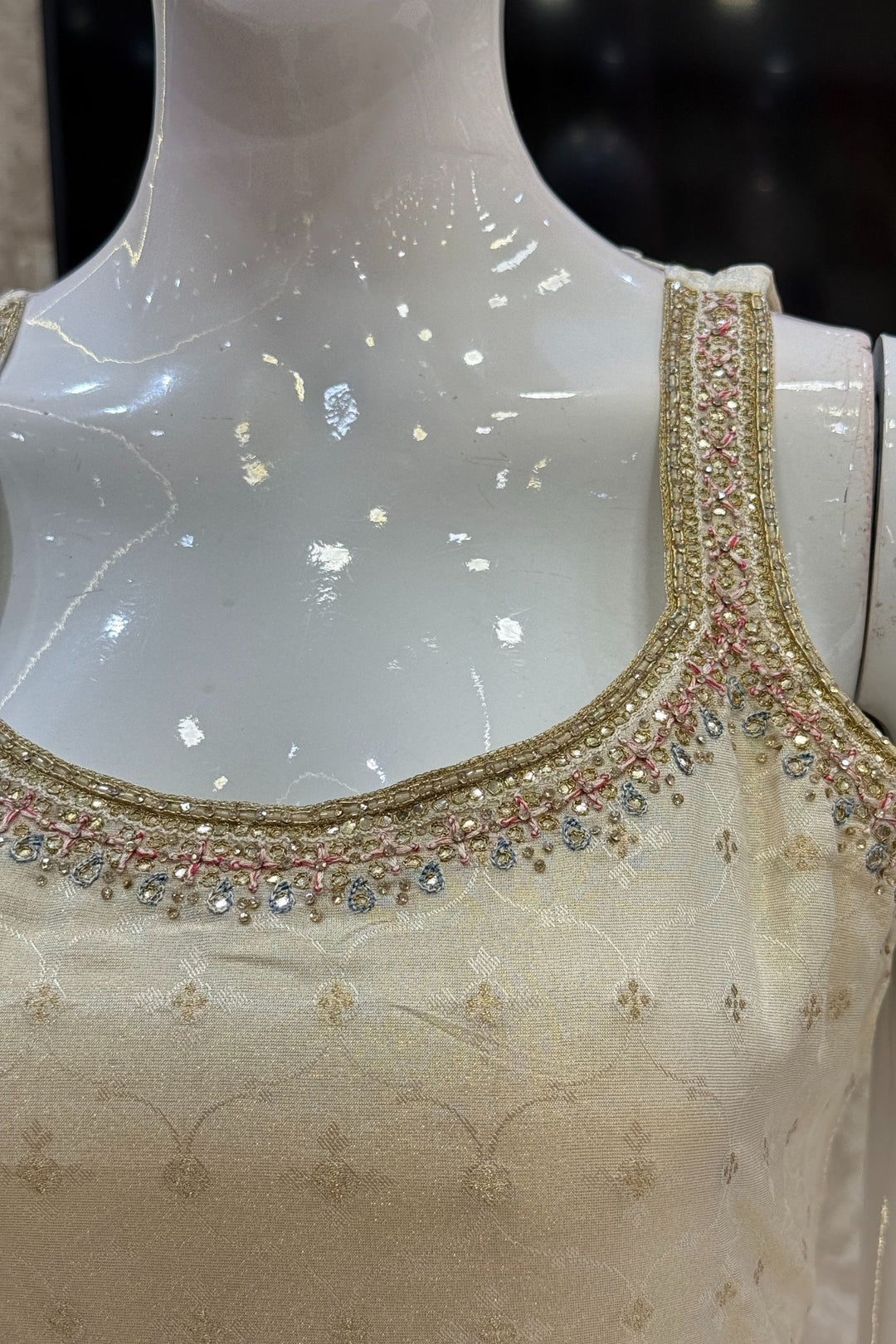 Cream Stone, Zardozi, Beads and Banaras work Straight Cut Salwar Suit