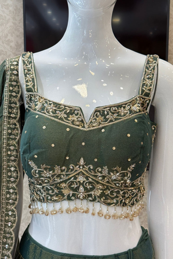 Bottle Green Zari, Zardozi, Stone, Beads and Sequins work Lehenga