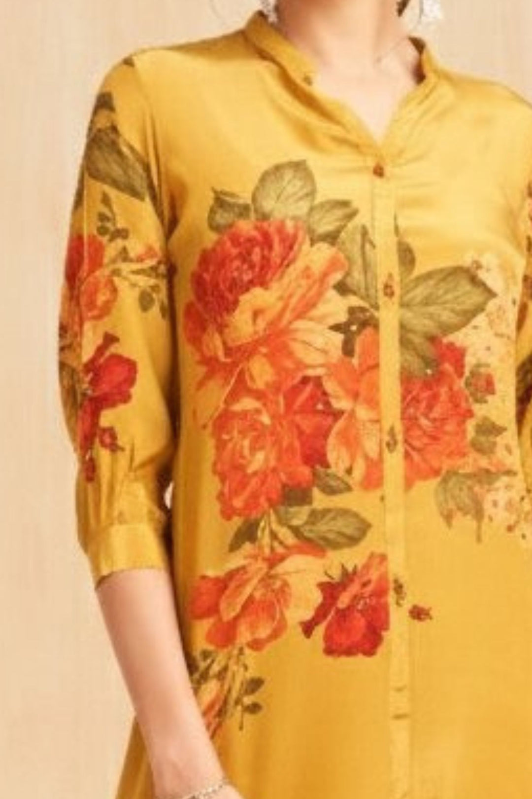 Mustard Sequins work with Floral Print Cord Set