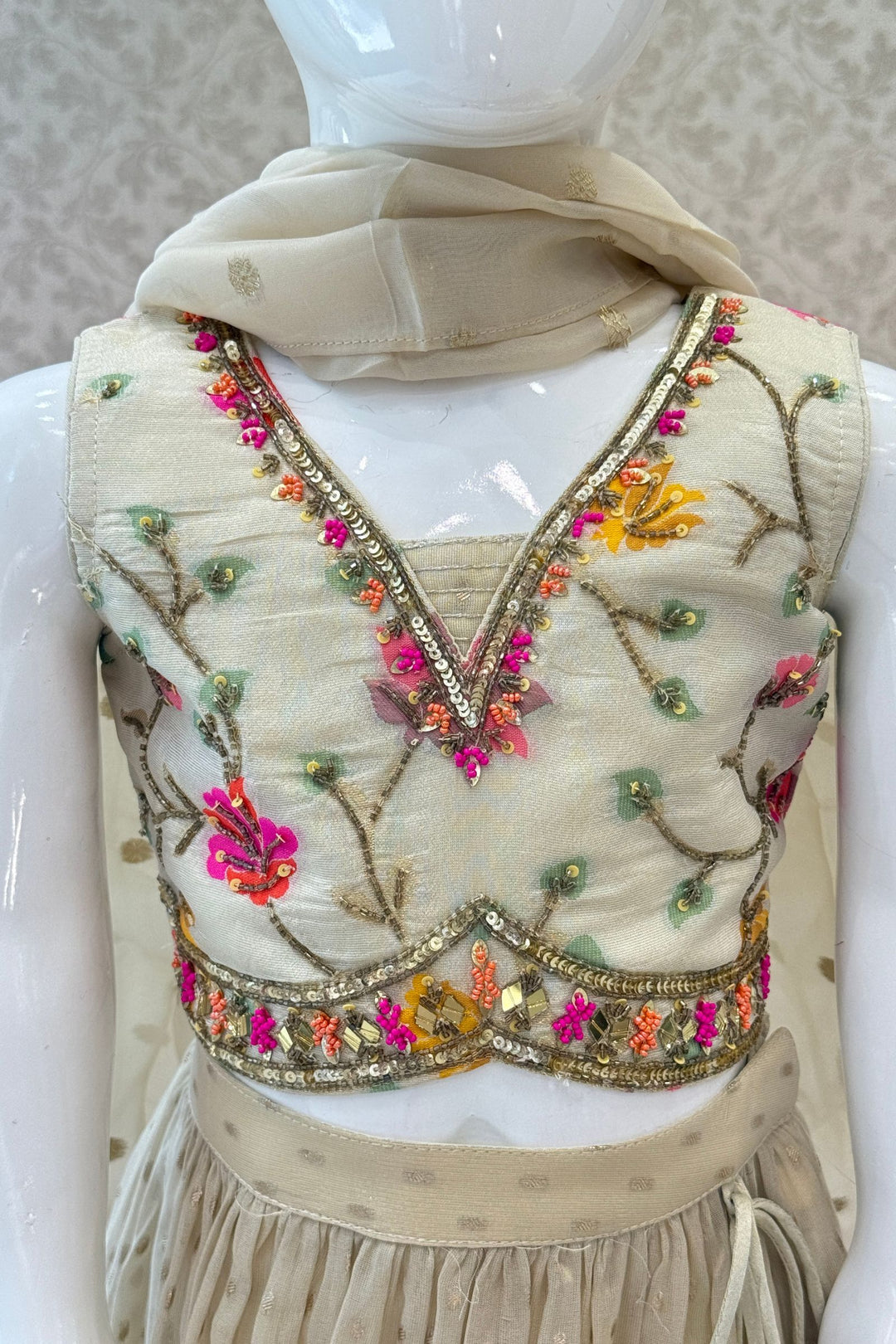 Cream Beads, Sequins, Mirror and Embroidery work Lehenga Choli for Girls