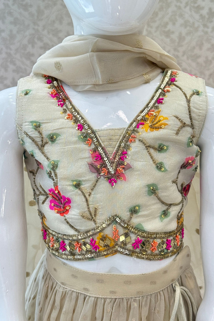 Cream Beads, Sequins, Mirror and Embroidery work Lehenga Choli for Girls