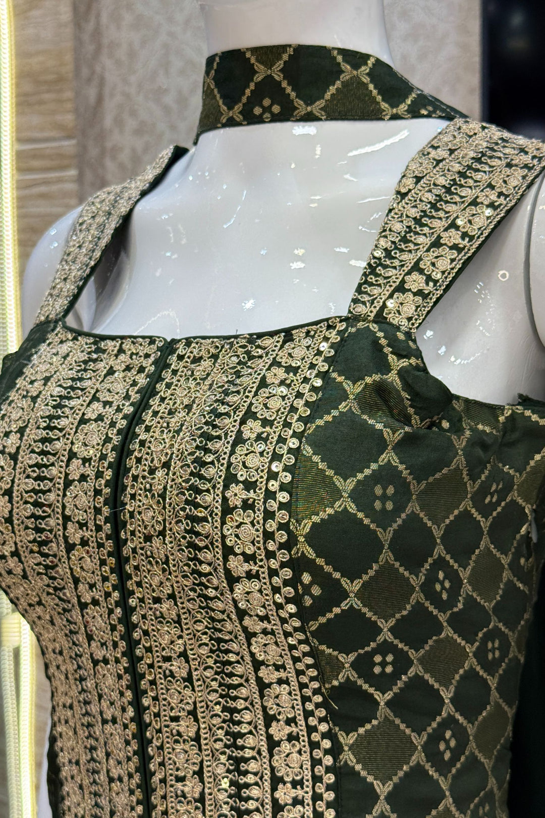 Bottle Green Banaras Zari, Sequins and Zari Thread work Palazzo Suit Set