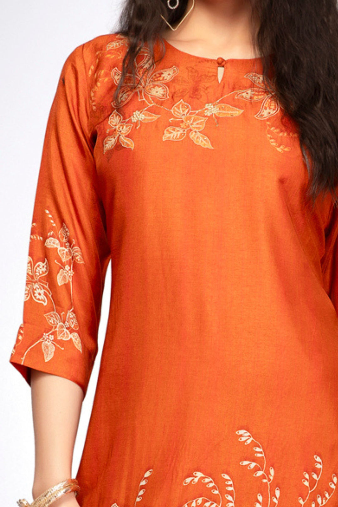 Orange Embroidery, Mirror and Zari work with Floral Print Calf Length Kurti