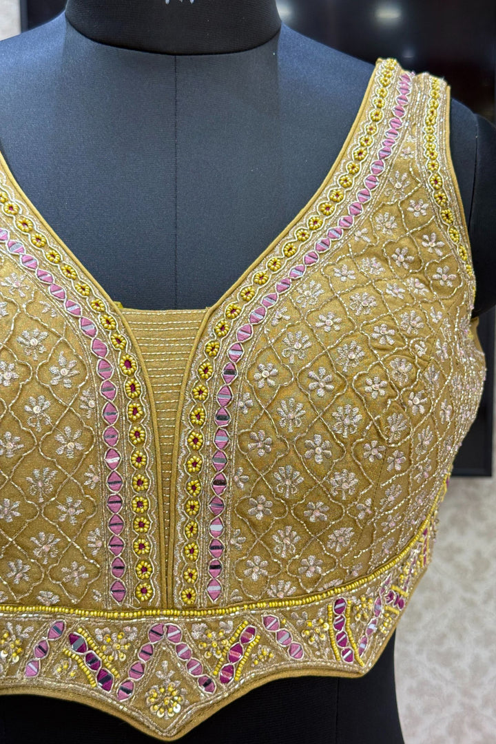 Olive Green Mirror, Beads, Zardozi and Sequins work Crop Top Lehenga