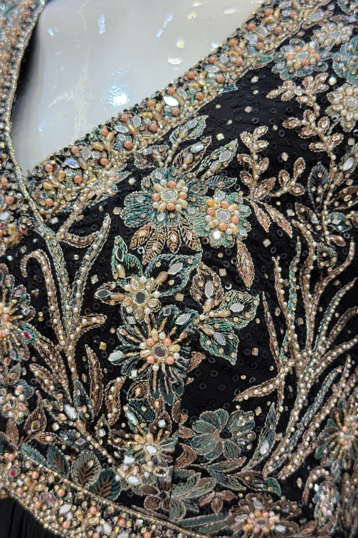 Black Embroidery, Sequins, Beads, Mirror and Stone work Floor Length Anarkali Suit