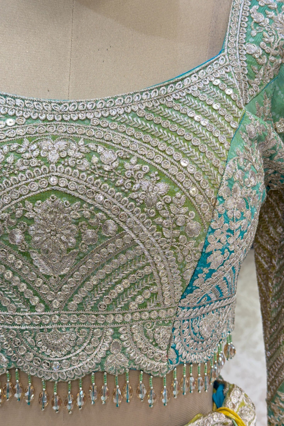 Yellow with Green Sequins, Zari and Beads work with Bandini Print Crop Top Lehenga
