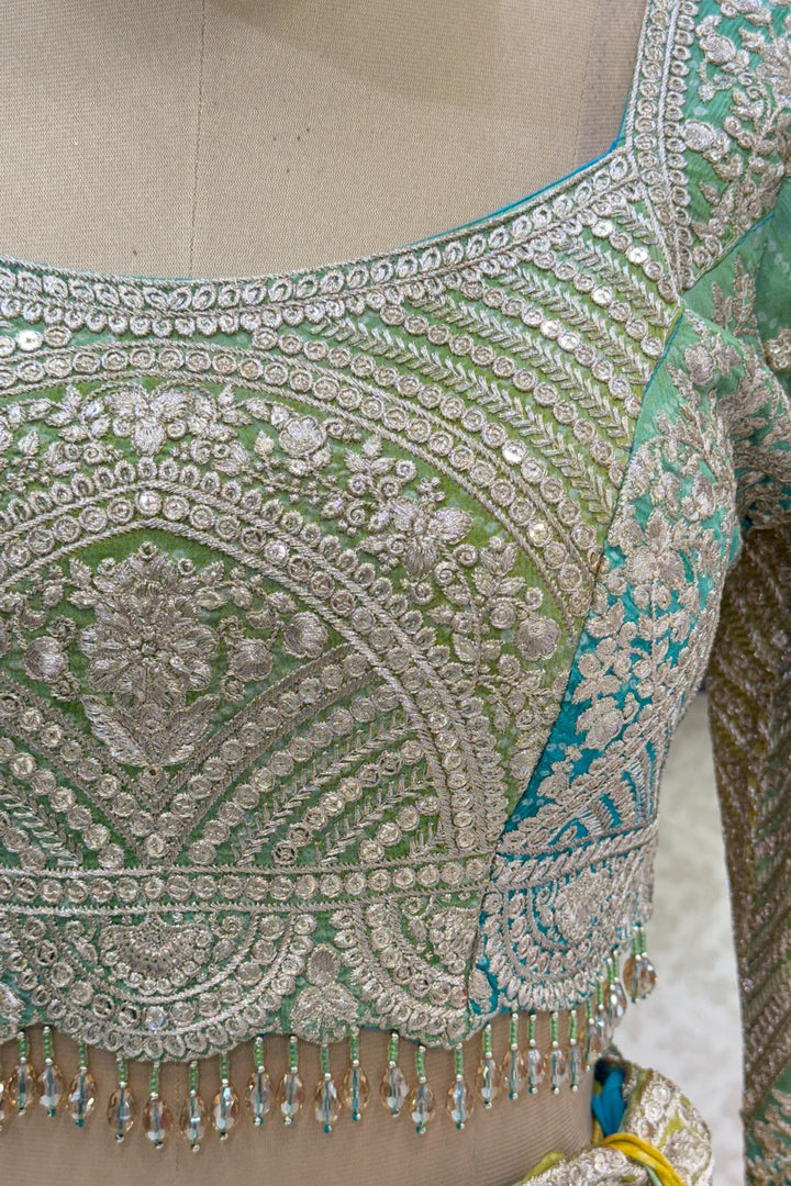 Yellow with Green Sequins, Zari and Beads work with Bandini Print Crop Top Lehenga