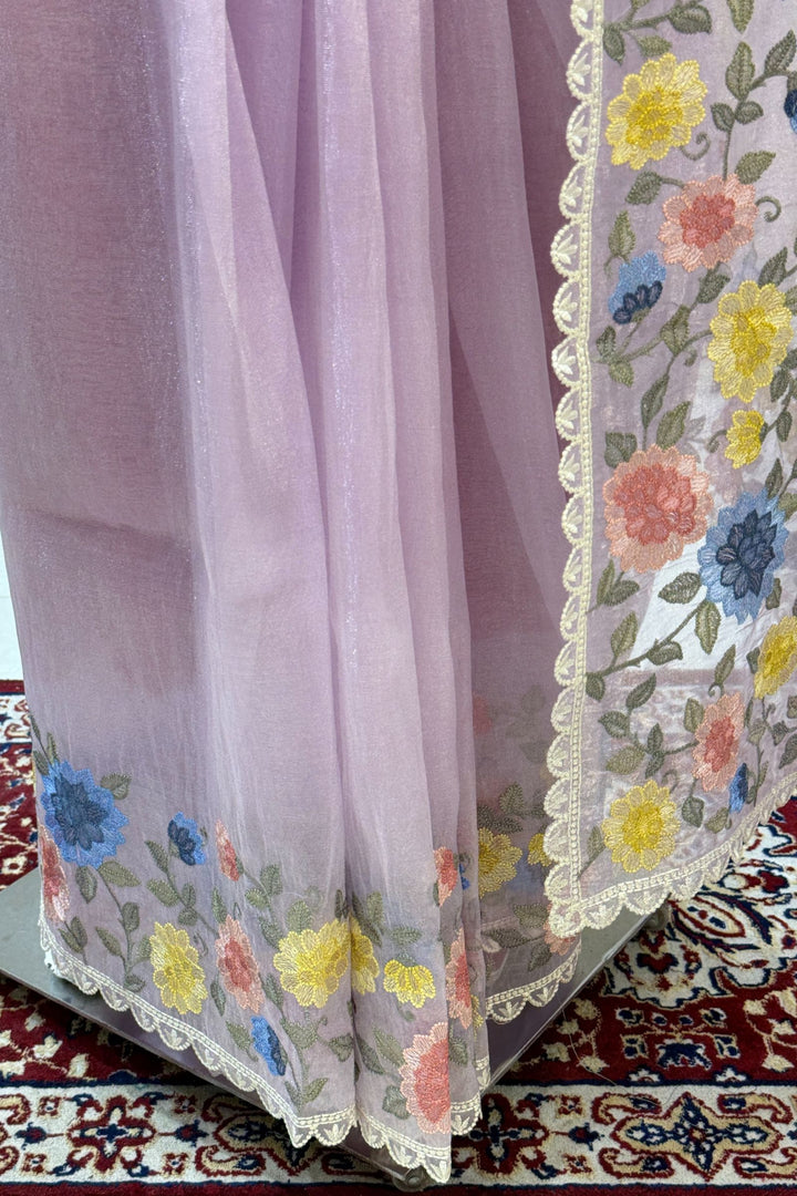 Lilac Multicolor Embroidery work Saree