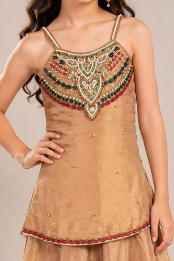 Gold Beads, Pearl, Kundan and Stone work Palazzo Suit Set for Girls