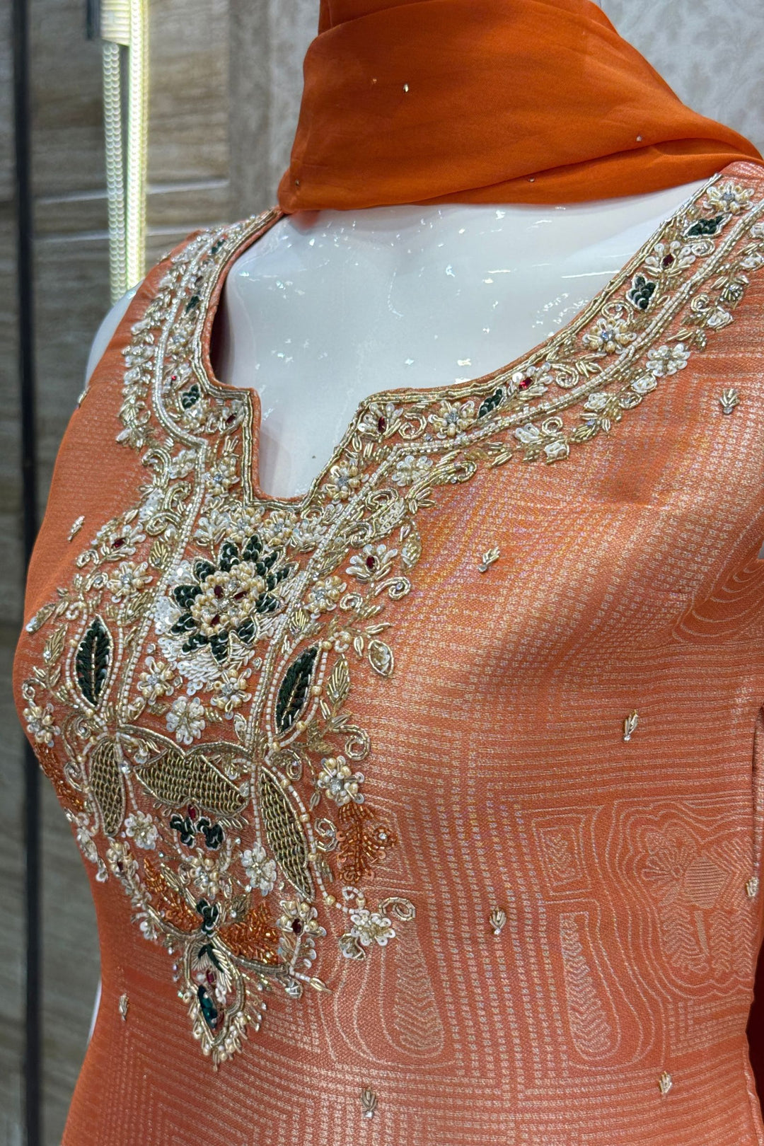 Orange Zardozi, Stone, Sequins, Beads and Thread work Palazzo Salwar Suit