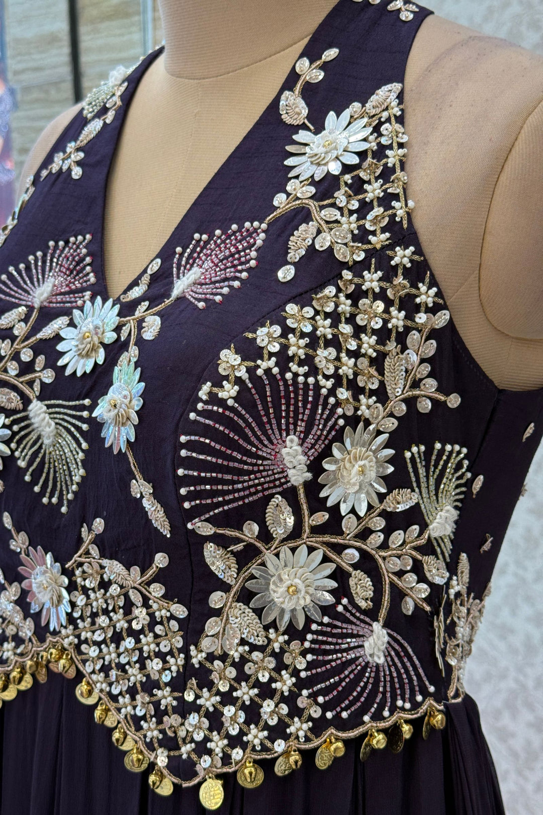 Wine Beads and Zari work Halter Neck Floor Length Anarkali Suit