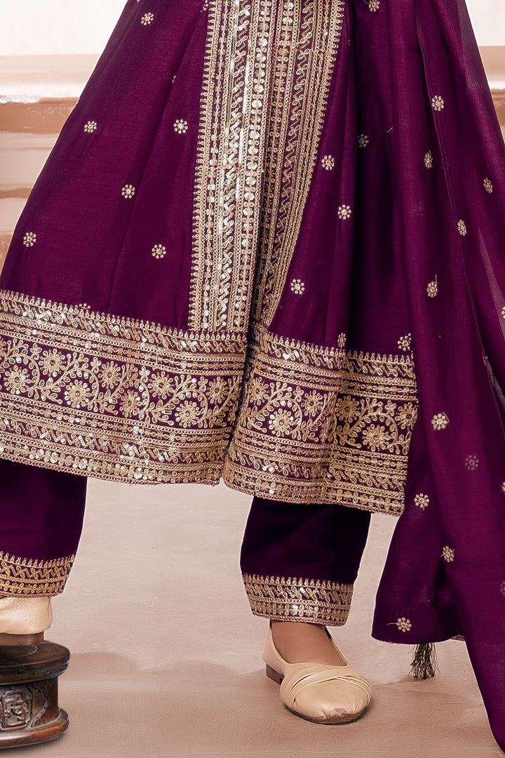Wine Sequins and Zari work Salwar Suit for Girls