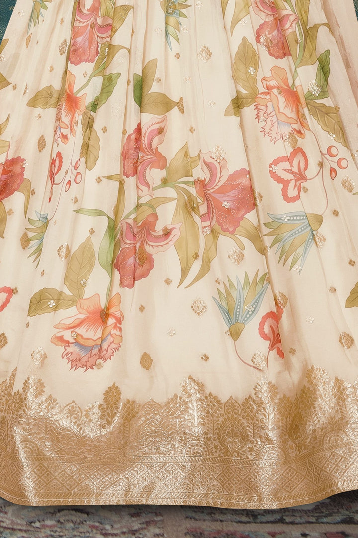 Cream Mirror, Zari and Thread work with Digital Print Lehenga Choli for Girls