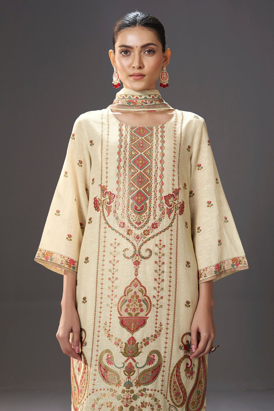 Beige Beads and Multicolor Banaras work Straight Cut Salwar Suit