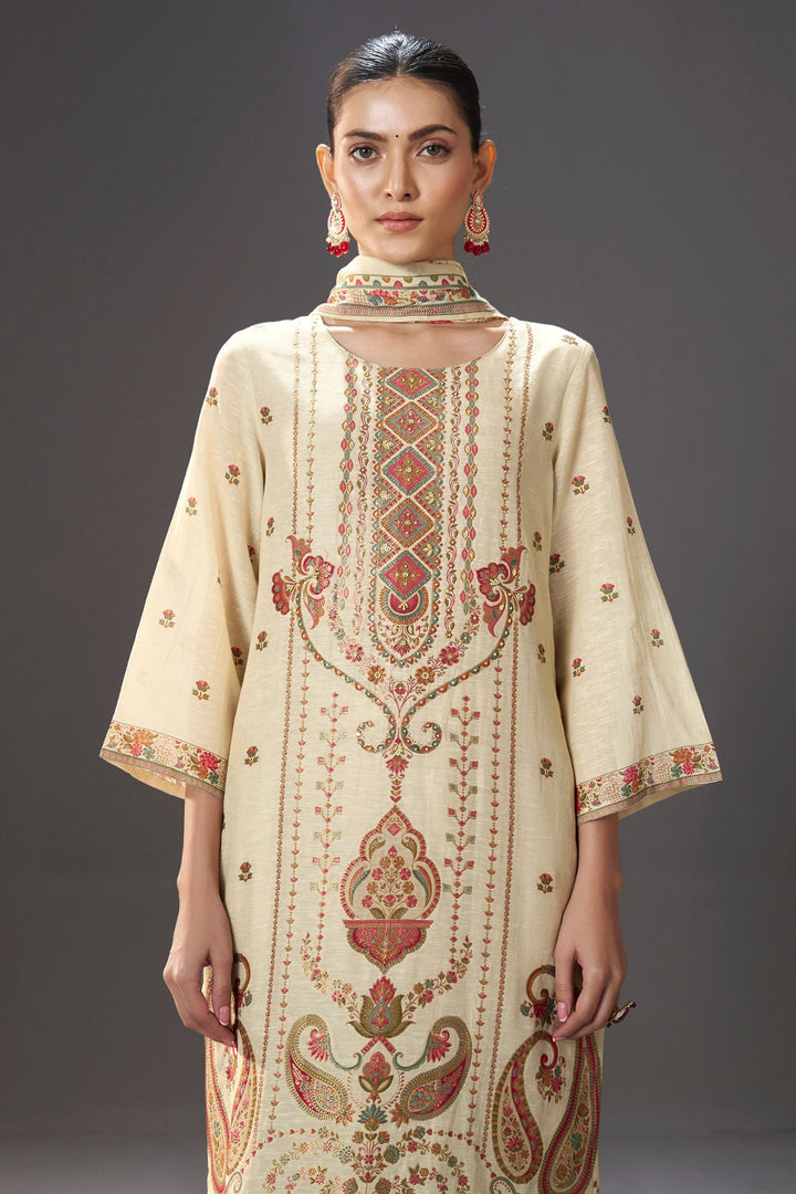 Beige Beads and Multicolor Banaras work Straight Cut Salwar Suit