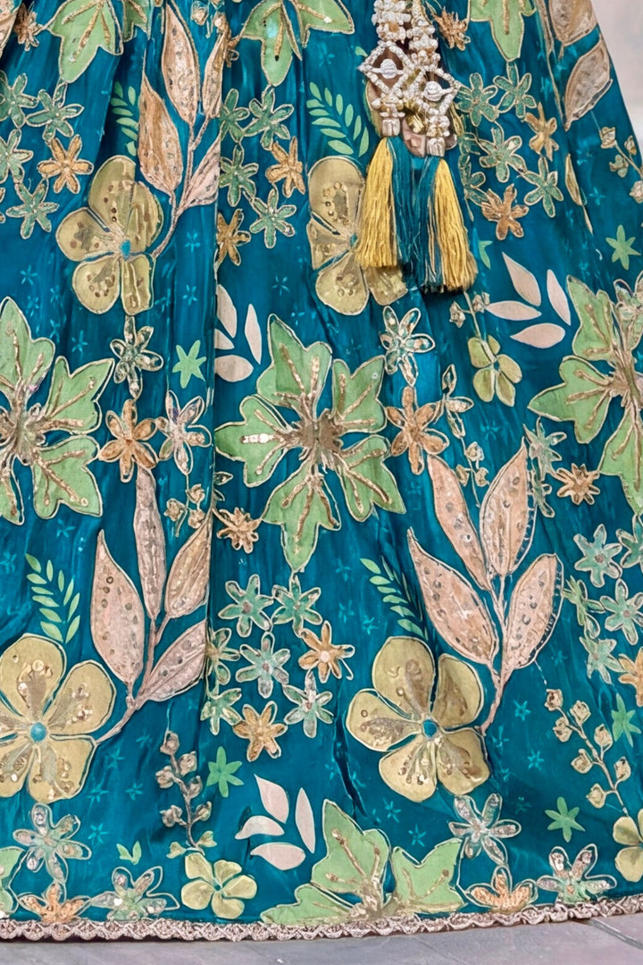 Rama Blue Sequins, Stone and Zari work with Floral Print Lehenga Choli for Girls
