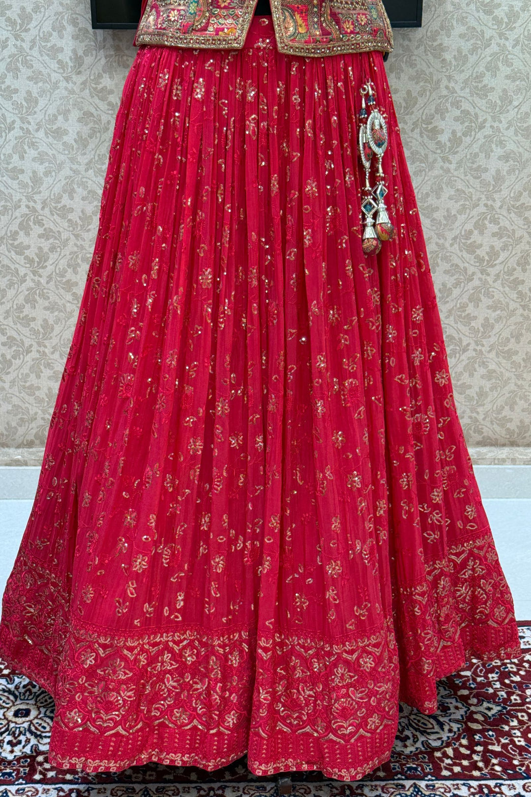 Rani Pink Zardozi, Beads, Mirror, Stone, Zari and Beads work Peplum Style Lehenga