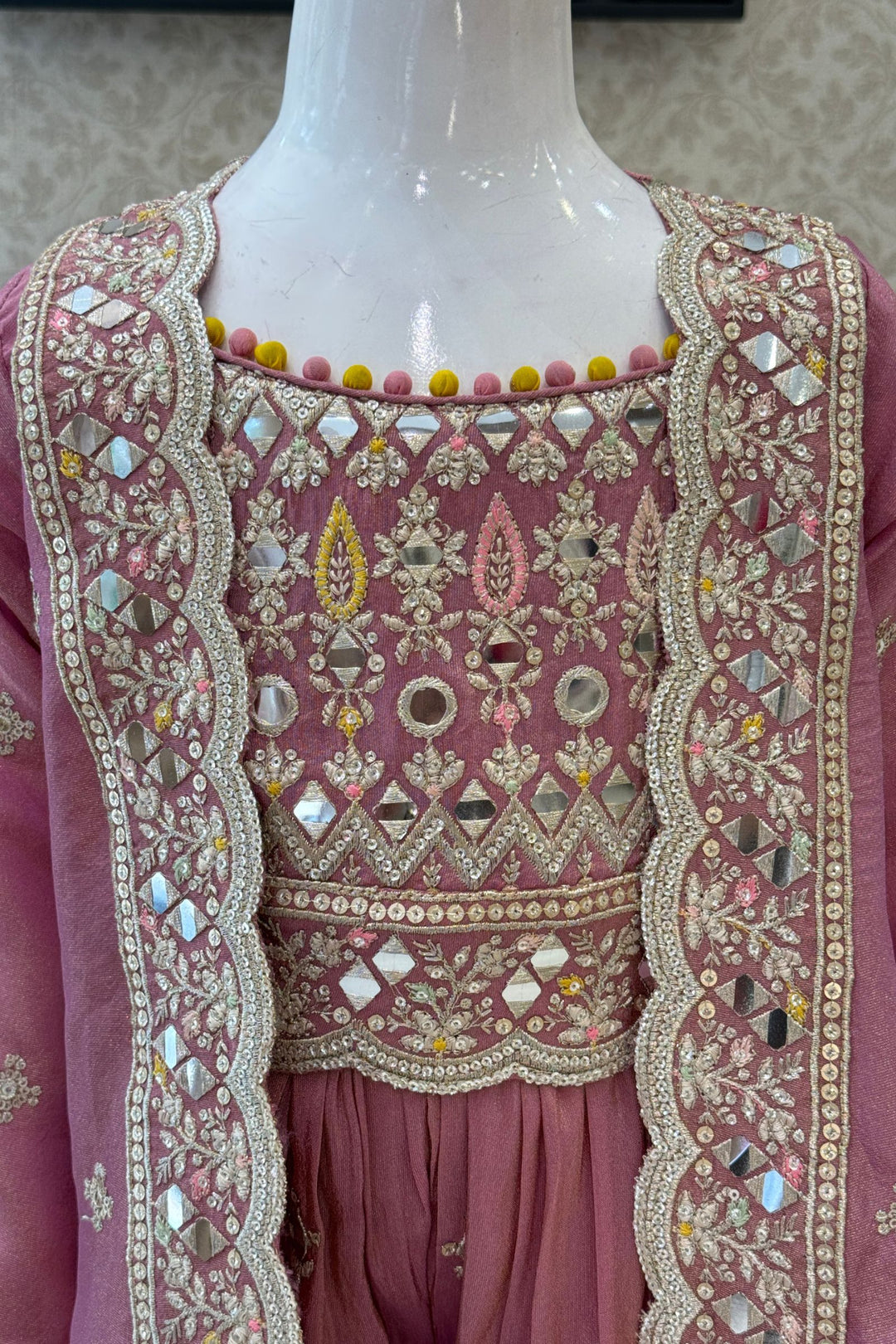 Onion Pink Sequins, Zari and Thread work Overcoat Style Palazzo Suit Set for Girls