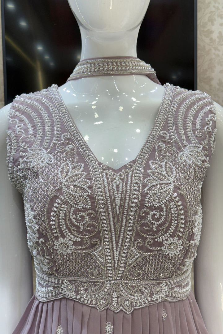 Lilac Beads, Sequins and Thread work Peplum Top with Sharara Suit Set