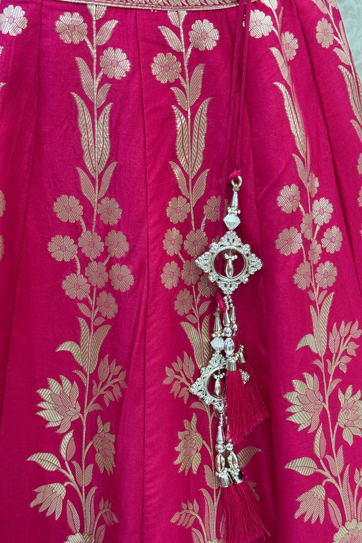 Rani Pink V-Neck Lehenga Choli with Zari, Beads, Sequins and Brocade Work