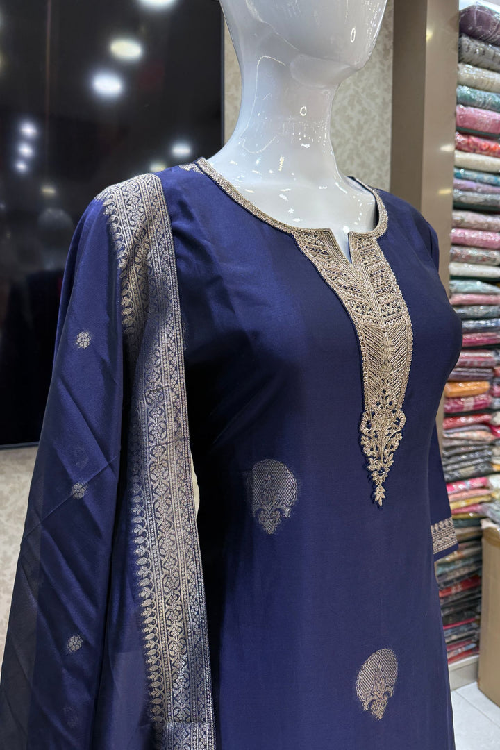 Royal Blue Banaras, Zardozi, Sequins, Beads and Zari work Straight Cut Salwar Suit