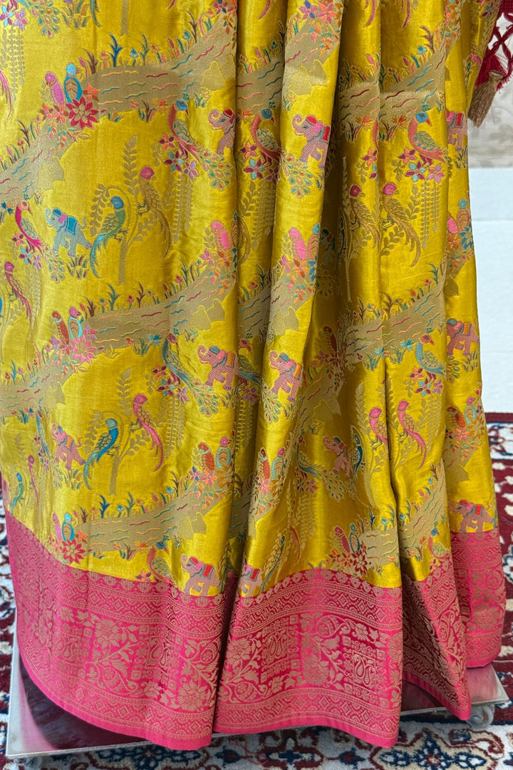 Yellow Saree Featuring Heritage Wildlife and Floral Banaras