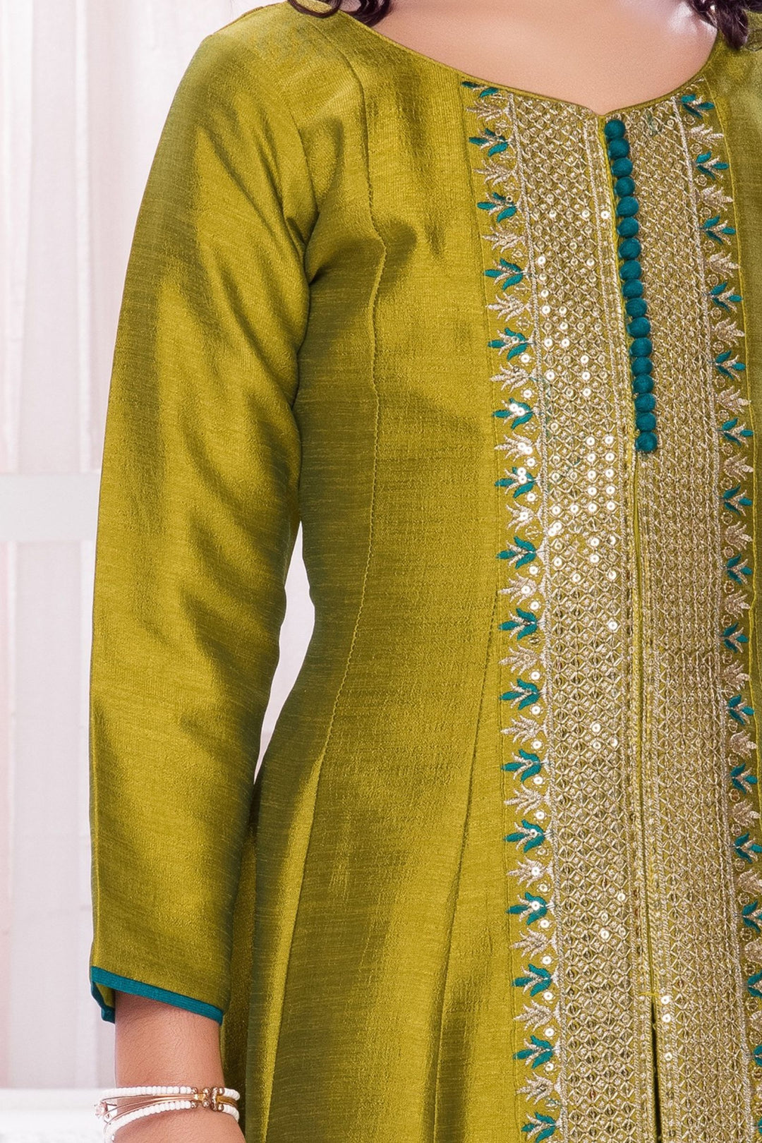 Olive Green Sequins and Zari work Salwar Suit for Girls