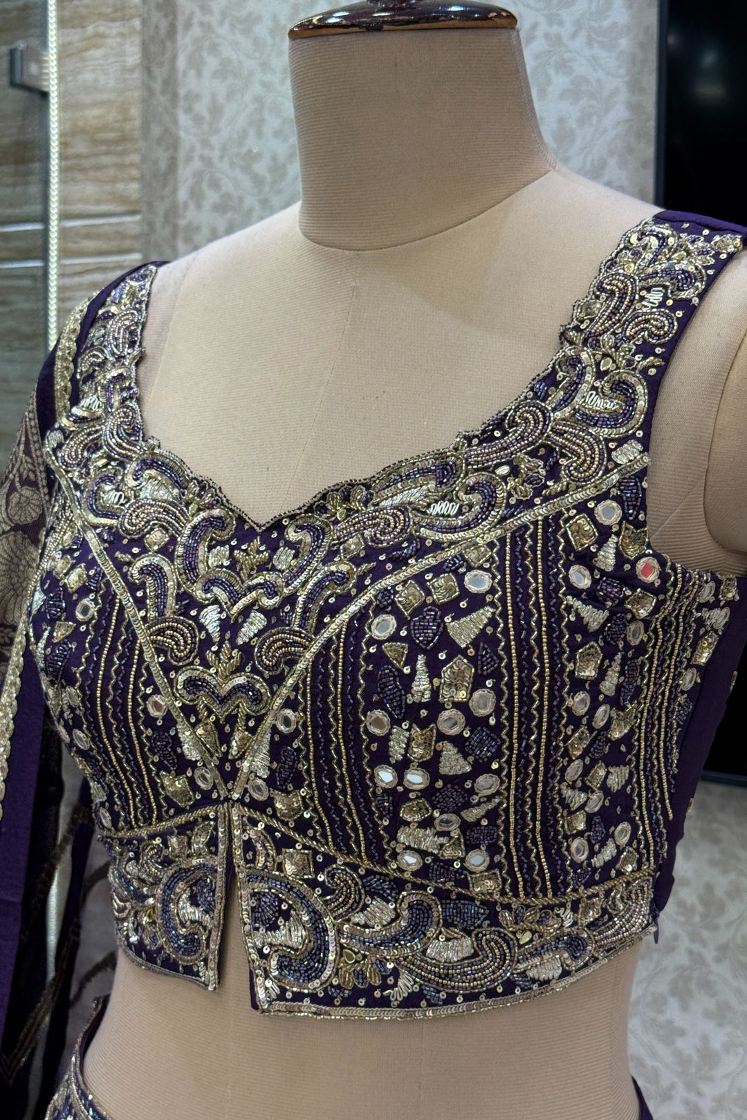 Purple Mirror, Beads, Zari, Banaras and Sequins work Crop Top Lehenga