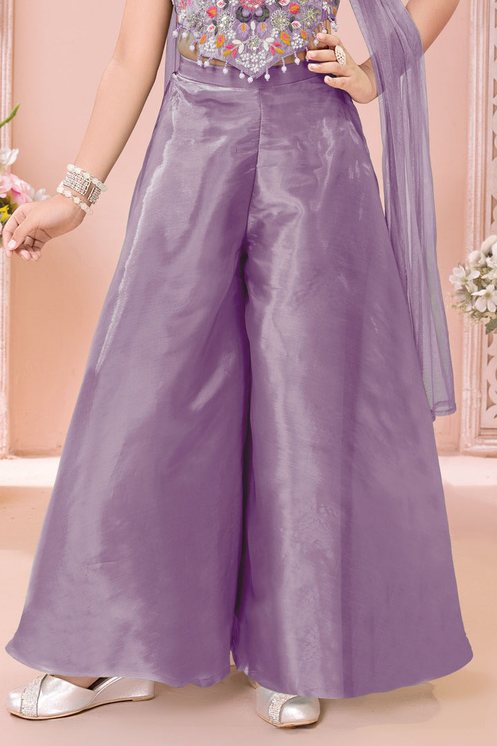 Lavender Sequins, Beads and Multicolor Embroidery work Palazzo Suit Set for Girls