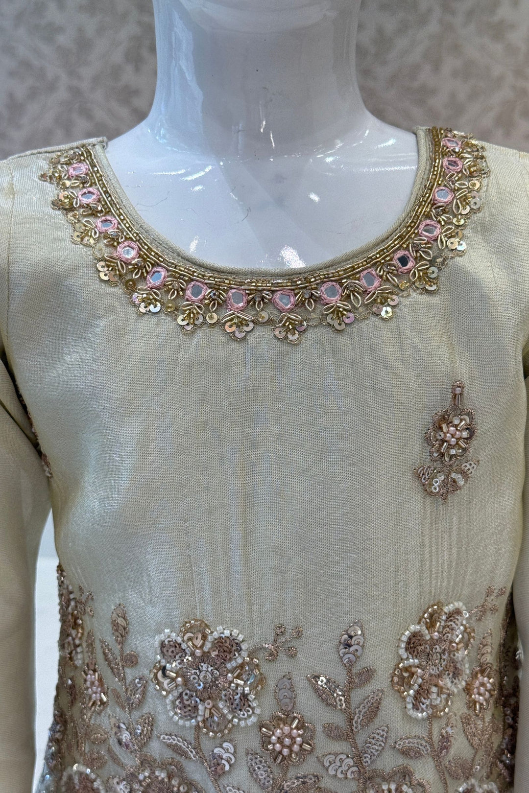 Cream Beads, Sequins, Zari, Zardozi and Mirror work Palazzo Suit Set for Girls