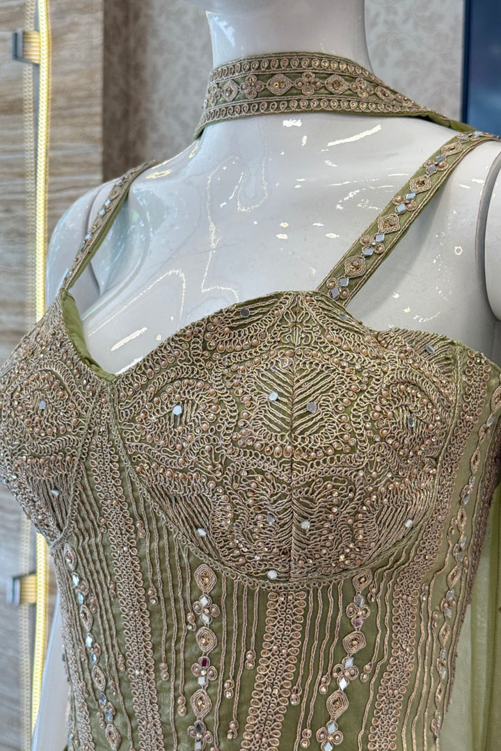 Pista Green Zari Thread, Mirror and Stone work Palazzo Set with Corset Top