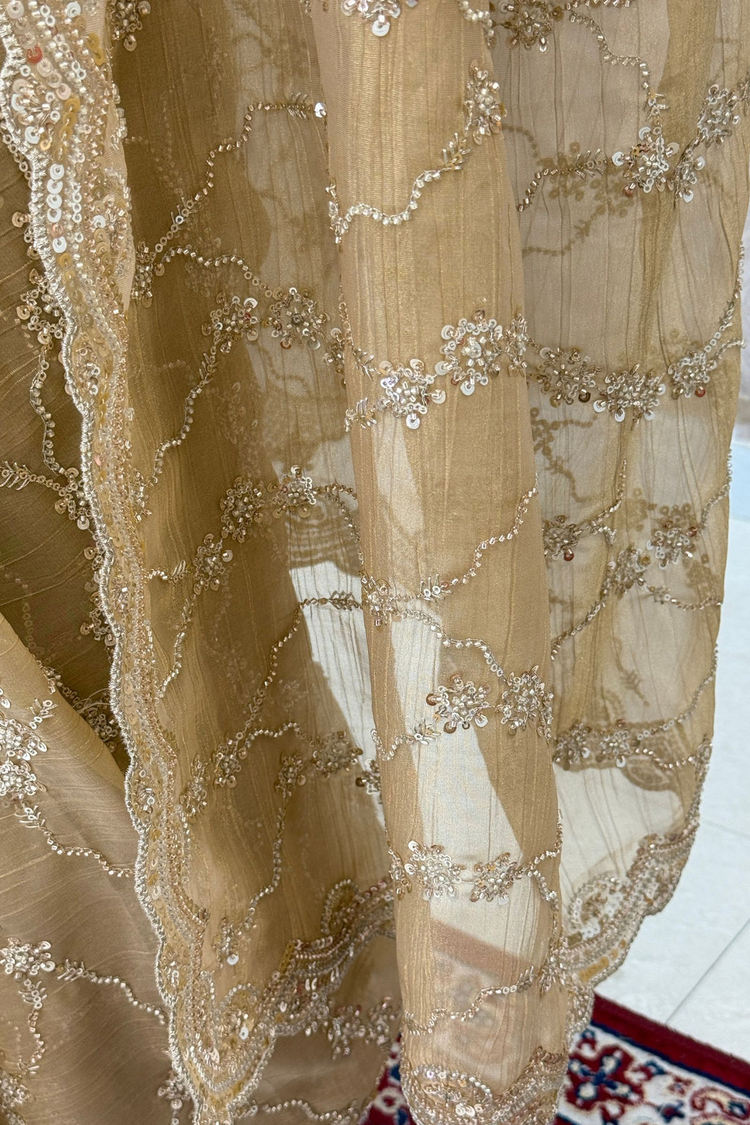Chiku Saree with Beads, Zari and Sequins work