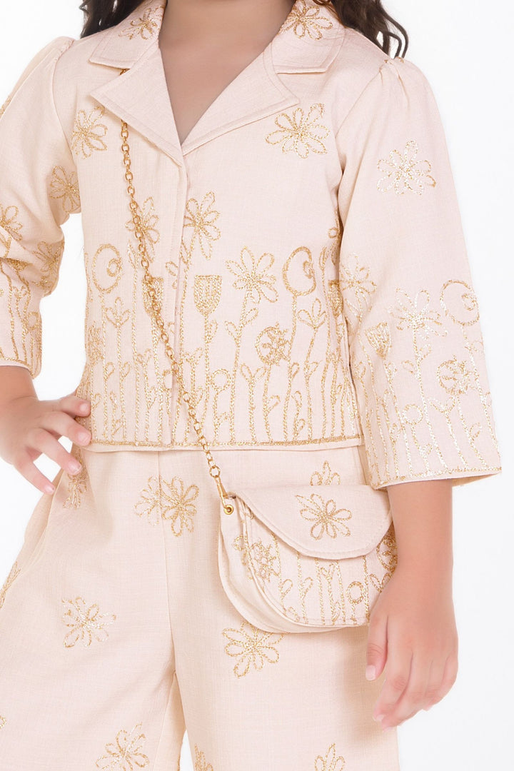 Cream Zari Thread work Co-ord Set for Girls with Bag