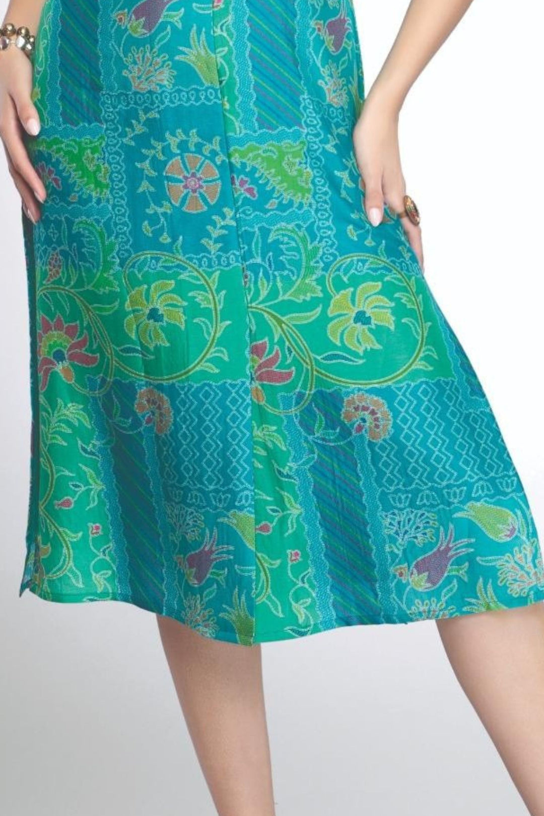 Rama Blue with Green Digital Print and Stone work Calf Length Kurti