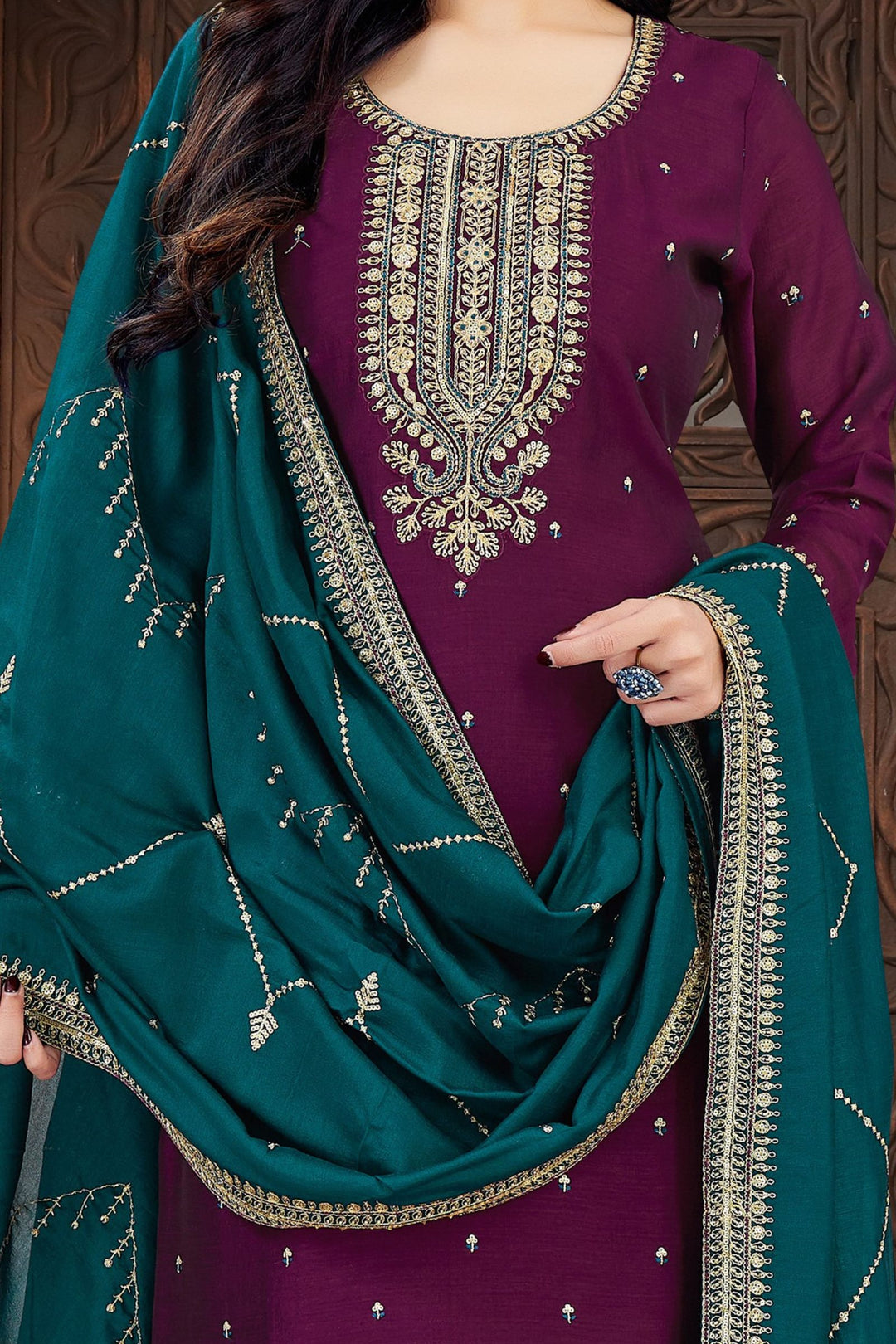 Wine Sequins, Zari, Thread and Beads work Straight Cut Salwar Suit