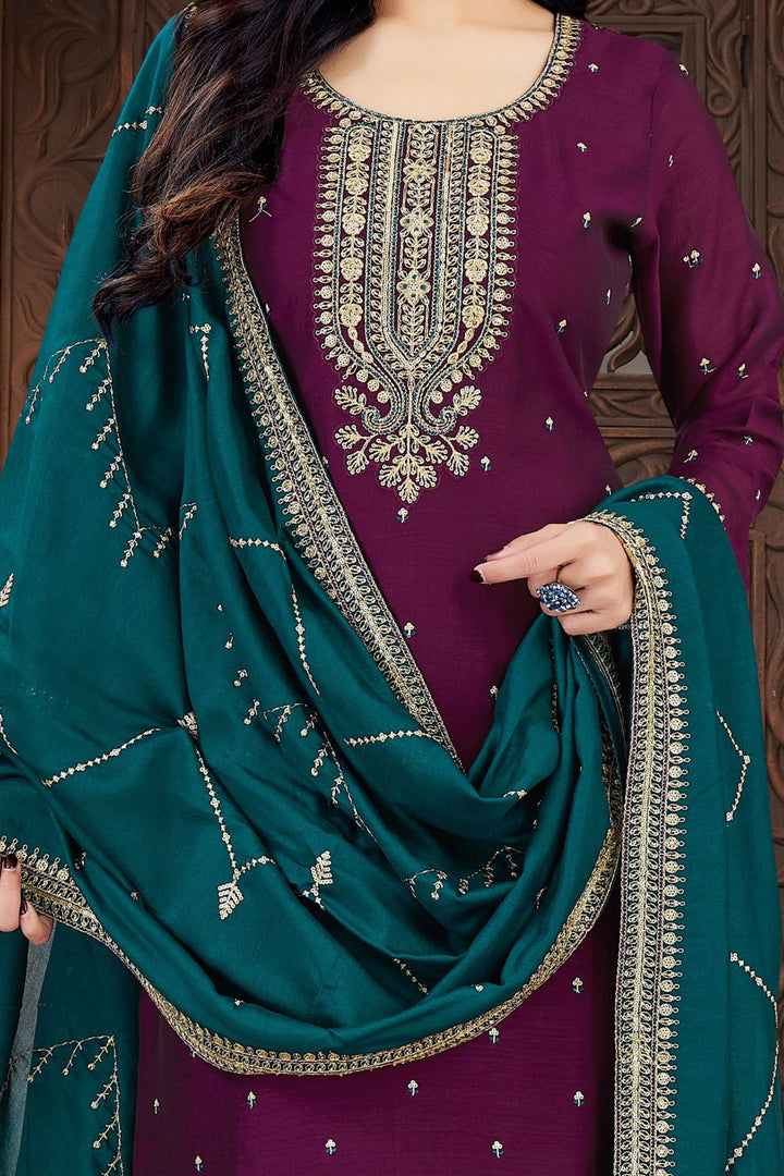 Wine Sequins, Zari, Thread and Beads work Straight Cut Salwar Suit