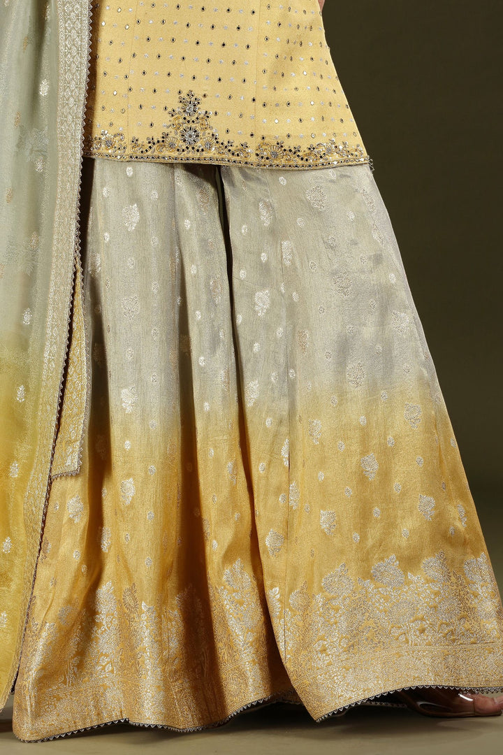 Golden Yellow with Grey Mirror, Sequins, Zari, beads and Banaras work Palazzo Salwar Suit