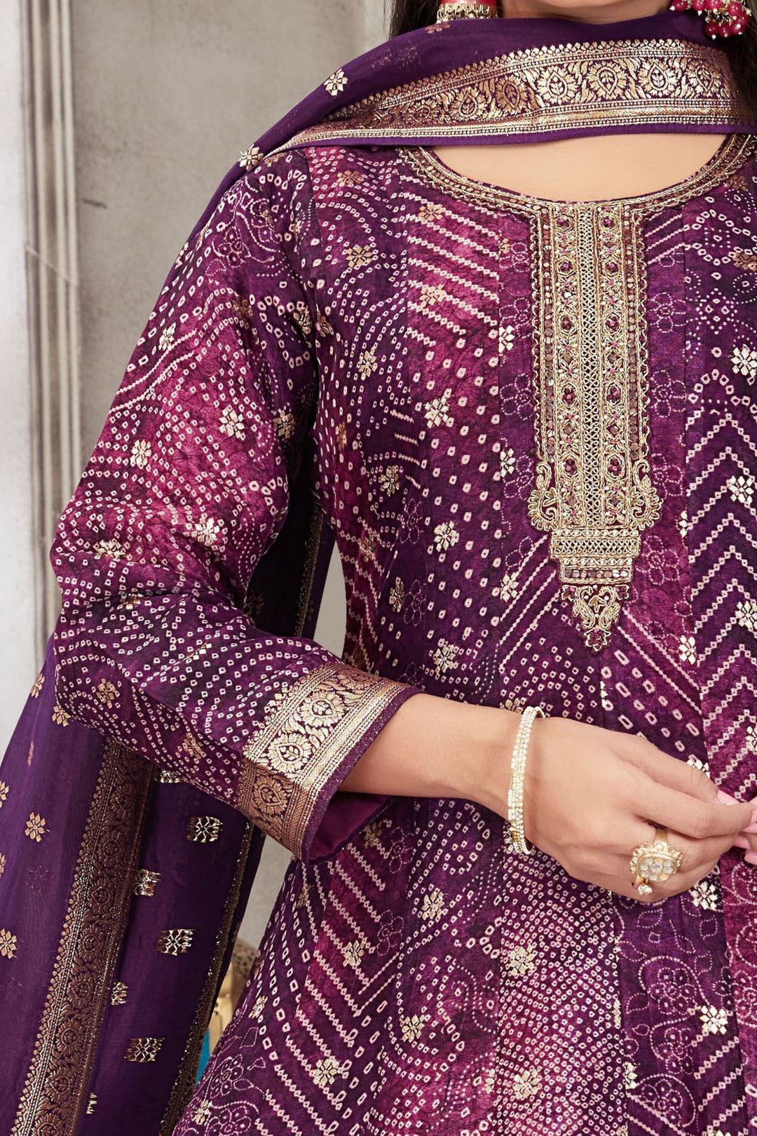 Purple Banaras, Zari, Zardozi and Mirror work with Bandini Print Anarkali Style Salwar