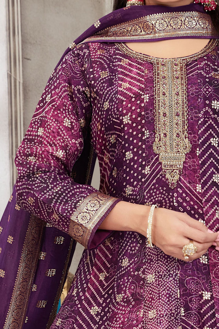 Purple Banaras, Zari, Zardozi and Mirror work with Bandini Print Anarkali Style Salwar