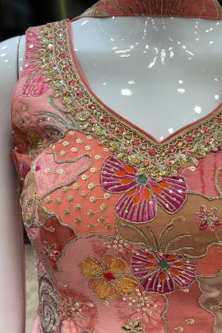 Peach Sequins, Zari, Zardozi and Stone work with Multicolor Digital Print Palazzo Suit Set